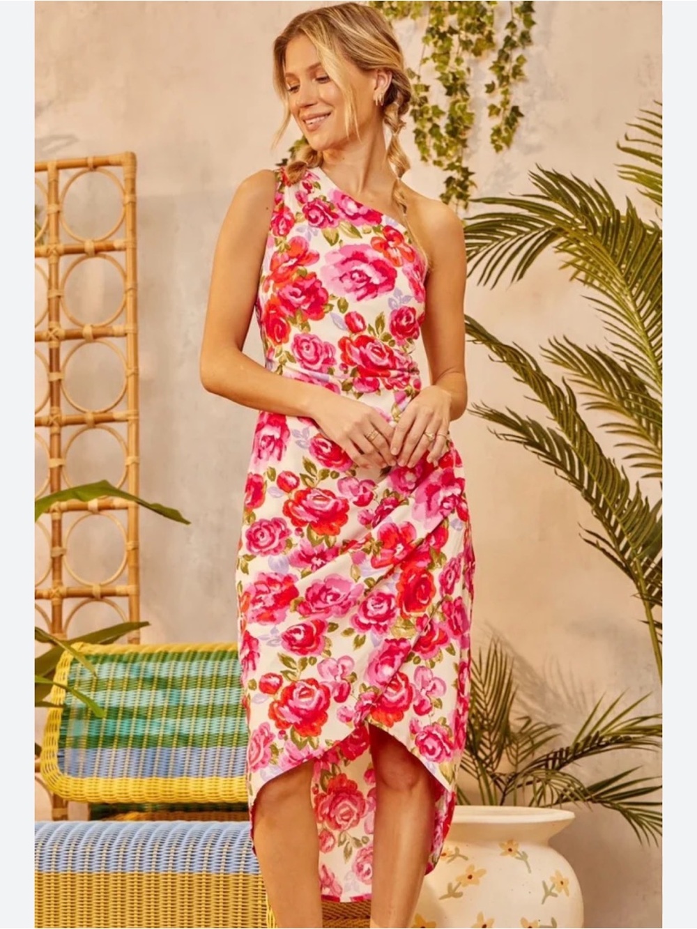 Emily Winder One-Shoulder Pink Floral Midi Dress